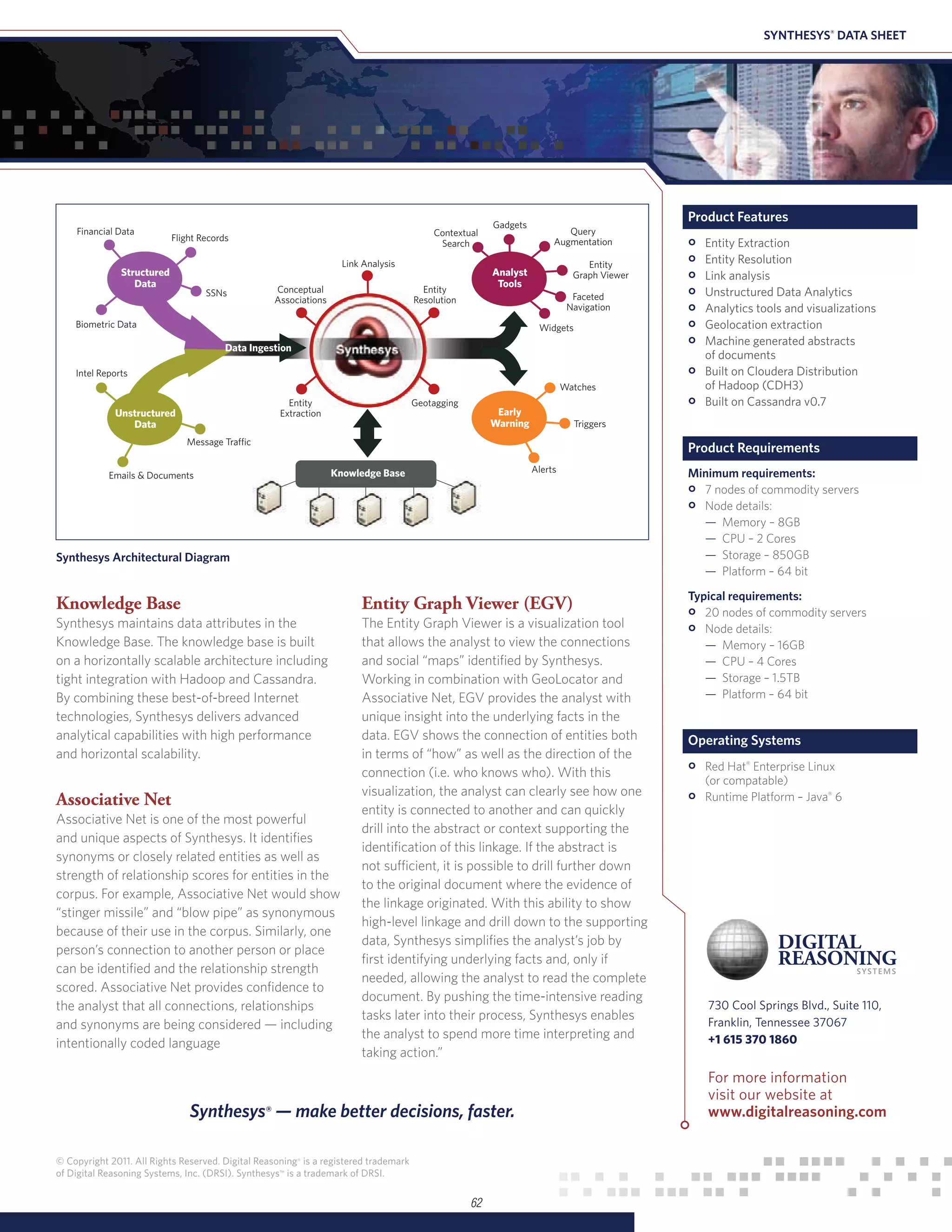 SYNTHESYS® DATA SHEET




                                                                                                        Gadgets
                                                                                                                                            Product Features
    Financial Data                                                                        Contextual                      Query
                            Flight Records
                                                                                           Search                      Augmentation
                                                                                                                                            °   Entity Extraction

               Structured
                                                                    Link Analysis
                                                                                                        Analyst
                                                                                                                                Entity      °   Entity Resolution
                  Data                                                                                   Tools
                                                                                                                             Graph Viewer
                                                                                                                                            °   Link analysis
                                    SSNs           Conceptual
                                                   Associations
                                                                                        Entity
                                                                                      Resolution                             Faceted        °   Unstructured Data Analytics
                                                                                                                            Navigation
                                                                                                                                            °   Analytics tools and visualizations
    Biometric Data                                                                                                 Widgets                  °   Geolocation extraction
                                         Data Ingestion                                                                                     °   Machine generated abstracts
                                                                                                                                                of documents
    Intel Reports                                                                                                                           °   Built on Cloudera Distribution
                                                                                                                           Watches              of Hadoop (CDH3)

             Unstructured
                                                      Entity
                                                    Extraction
                                                                                      Geotagging
                                                                                                         Early                              °   Built on Cassandra v0.7
                Data                                                                                    Warning              Triggers
                               Message Traffic
                                                                                                                                            Product Requirements
                                                                  Knowledge Base                                  Alerts                    Minimum requirements:
            Emails & Documents
                                                                                                                                            ° 7 nodes of commodity servers
                                                                                                                                            ° Node details:
                                                                                                                                              — Memory – 8GB
                                                                                                                                              — CPU – 2 Cores
Synthesys Architectural Diagram                                                                                                               — Storage – 850GB
                                                                                                                                              — Platform – 64 bit

                                                                                                                                            Typical requirements:
Knowledge Base                                                          Entity Graph Viewer (EGV)
Synthesys maintains data attributes in the                              The Entity Graph Viewer is a visualization tool                     ° 20 nodes of commodity servers
Knowledge Base. The knowledge base is built                             that allows the analyst to view the connections
                                                                                                                                            ° Node details:
                                                                                                                                               — Memory – 16GB
on a horizontally scalable architecture including                       and social “maps” identified by Synthesys.                             — CPU – 4 Cores
tight integration with Hadoop and Cassandra.                            Working in combination with GeoLocator and                             — Storage – 1.5TB
By combining these best-of-breed Internet                               Associative Net, EGV provides the analyst with                         — Platform – 64 bit
technologies, Synthesys delivers advanced                               unique insight into the underlying facts in the
analytical capabilities with high performance                           data. EGV shows the connection of entities both                     Operating Systems
and horizontal scalability.                                             in terms of “how” as well as the direction of the
                                                                        connection (i.e. who knows who). With this                          °   Red Hat® Enterprise Linux
                                                                                                                                                (or compatable)
                                                                        visualization, the analyst can clearly see how one
Associative Net                                                         entity is connected to another and can quickly
                                                                                                                                            °   Runtime Platform – Java® 6
Associative Net is one of the most powerful
                                                                        drill into the abstract or context supporting the
and unique aspects of Synthesys. It identifies
                                                                        identification of this linkage. If the abstract is
synonyms or closely related entities as well as
                                                                        not sufficient, it is possible to drill further down
strength of relationship scores for entities in the
                                                                        to the original document where the evidence of
corpus. For example, Associative Net would show
                                                                        the linkage originated. With this ability to show
“stinger missile” and “blow pipe” as synonymous
                                                                        high-level linkage and drill down to the supporting
because of their use in the corpus. Similarly, one
                                                                        data, Synthesys simplifies the analyst’s job by
person’s connection to another person or place
                                                                        first identifying underlying facts and, only if
can be identified and the relationship strength
                                                                        needed, allowing the analyst to read the complete
scored. Associative Net provides confidence to
                                                                        document. By pushing the time-intensive reading
the analyst that all connections, relationships                                                                                                 730 Cool Springs Blvd., Suite 110,
                                                                        tasks later into their process, Synthesys enables                       Franklin, Tennessee 37067
and synonyms are being considered — including
                                                                        the analyst to spend more time interpreting and                         +1 615 370 1860
intentionally coded language
                                                                        taking action.”
                                                                                                                                                For more information
                                                                                                                                                visit our website at
                                Synthesys® — make better decisions, faster.                                                                     www.digitalreasoning.com


© Copyright 2011. All Rights Reserved. Digital Reasoning® is a registered trademark
of Digital Reasoning Systems, Inc. (DRSI). Synthesys™ is a trademark of DRSI.


                                                                                                   62
 