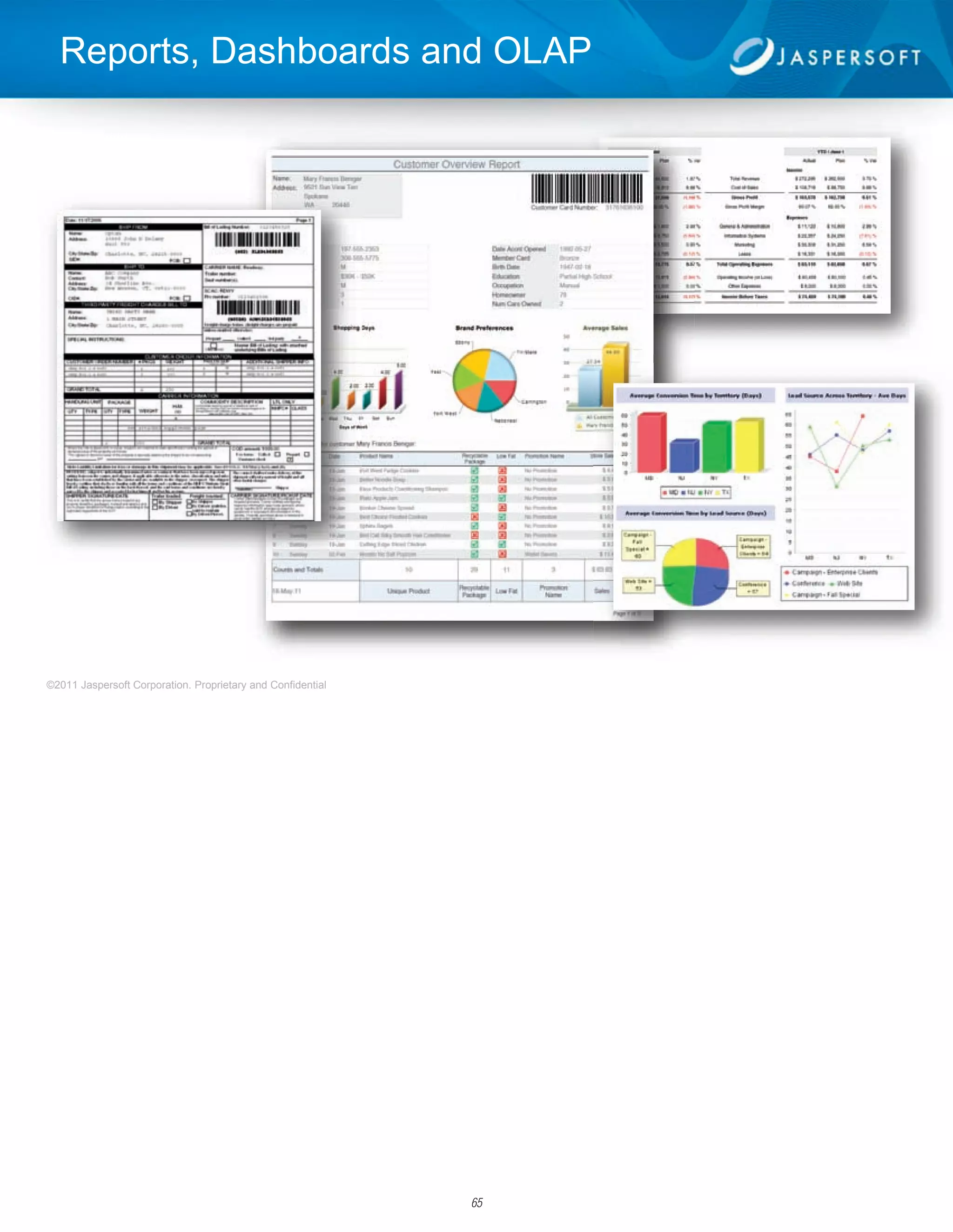 Reports, Dashboards and OLAP




                                                                  3
©2011 Jaspersoft Corporation. Proprietary and Confidential




                                                             65
 