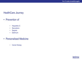 HealthCare Journey
• Prevention of
• Hepatitis C
• Seculsion
• Sepsis
• Delirium
• Personalised Medicine
• Cancer therapy
 