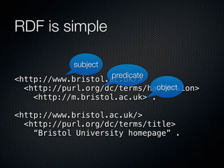 RDF is simple

            subject
                     predicate
<http://www.bristol.ac.uk/>
                               object
  <http://purl.org/dc/terms/hasVersion>
    <http://m.bristol.ac.uk> .

<http://www.bristol.ac.uk/>
  <http://purl.org/dc/terms/title>
    “Bristol University homepage” .
 