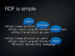 RDF is simple

             subject
                     predicate
<http://www.bristol.ac.uk/>
                               object
  <http://purl.org/dc/terms/hasVersion>
    <http://m.bristol.ac.uk> .

<http://www.bristol.ac.uk/>
                              literal
  <http://purl.org/dc/terms/title>
    “Bristol University homepage” .
 