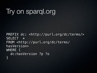 Try on sparql.org


PREFIX dc: <http://purl.org/dc/terms/>
SELECT *
FROM <http://purl.org/dc/terms/
hasVersion>
WHERE {
  dc:hasVersion ?p ?o
}
 