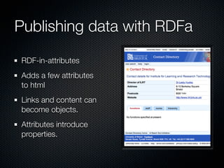 Publishing data with RDFa

RDF-in-attributes
Adds a few attributes
to html
Links and content can
become objects.
Attributes introduce
properties.
 