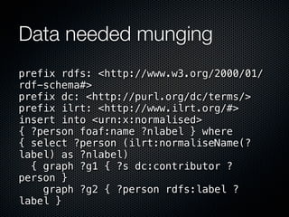 Data needed munging
prefix rdfs: <http://www.w3.org/2000/01/
rdf-schema#>
prefix dc: <http://purl.org/dc/terms/>
prefix ilrt: <http://www.ilrt.org/#>
insert into <urn:x:normalised>
{ ?person foaf:name ?nlabel } where
{ select ?person (ilrt:normaliseName(?
label) as ?nlabel)
  { graph ?g1 { ?s dc:contributor ?
person }
    graph ?g2 { ?person rdfs:label ?
label }
 