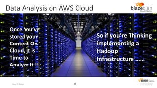 Data Analysis on AWS Cloud
Once You’ve
stored your
Content On
Cloud, It is
Time to
Analyze It !!
http://dorkutopia.com/wp-content/uploads/2013/06

Cloud IT Better

So if you’re Thinking
implementing a
Hadoop
Infrastructure ……

/
15

 