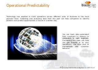 KINESIS REDSHIFT
EMR
DYNAMO DB
Operational Predictability
Technology has enabled to track operations across different units of business to the most
granular level. Collecting and analyzing data from the past can help companies to identify
patterns and predict opportunities or issues in a better way.
A Jump Start Guide to Big Data on AWS Cloudl42
You can track data generated
from machines to sensors to
computers to cash registers.
Correlating this data can help
you get insights in to your
operations, real time view of
transactions and customer
behavior.
 