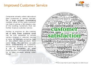 KINESIS REDSHIFT
EMR
DYNAMO DB
Improved Customer Service
Companies already collect data about
their customers in various formats.
For a large company consolidating
multiple views of the same customer
can help in giving a 360-degree view
of the existing customers that can
further improve customer service.
Further to improve on this existing
set of data, these customer views
can be now expanded to include
various internal or external sources
of data, for example extracting feed
of data about your products from
social media. This can help you gain
better understanding of customers,
on how they perceive your brand vis
a vis a competitor or what
improvements customers are looking
for in your products among other
things.
A Jump Start Guide to Big Data on AWS Cloudl43
 