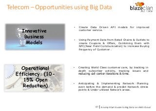 Operational
Efficiency: (10-
15% Open
Reduction)
Innovative
Business
Models
• Create Data Driven API models for improved
customer service.
• Using Payment Data from Retail Chains & Outlets to
create Coupons & Offers, Combining them with
NFC(Near Field Communication) to increase Buying
frequency of Customer .
• Creating World Class customer care, by tracking in
depth subscriber activity, tracking issues and
reducing call center iterations & time.
• Anticipating & Implementing Network Planning
even before the demand & predict Network stress
points & Under utilized Network areas.
Telecom – Opportunities using Big Data
A Jump Start Guide to Big Data on AWS Cloudl47
 