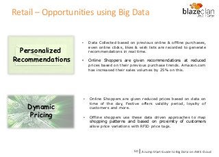 Personalized
Recommendations
• Data Collected based on previous online & offline purchases,
even online clicks, likes & wish lists are recorded to generate
recommendations in real time.
• Online Shoppers are given recommendations at reduced
prices based on their previous purchase trends. Amazon.com
has increased their sales volumes by 25% on this.
Dynamic
Pricing
• Online Shoppers are given reduced prices based on data on
time of the day, Festive offers validity period, loyalty of
customers and more.
• Offline shoppers use these data driven approaches to map
shopping patterns and based on proximity of customers
allow price variations with RFID price tags.
Retail – Opportunities using Big Data
A Jump Start Guide to Big Data on AWS Cloudl50
 