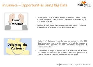 Fraud
Detection
• Turning the Claim Centric Approach Person Centric. Using
Cohort analytics to track Social activities of beneficiary &
associated parties.
• Integration of these Data streams of Information to detect
fraud patterns for Future (predictive analysis) .
Delighting the
Customer
• Variety of Customer records can be stored in No SQL
databases, and real time integration to multiple sources to
optimize the process of the insurance validation &
reimbursements.
• Customer Call Logs & interaction with staff can be checked
for Sentiment analysis, to optimize insurance processes &
reduce iterations base on negative customer calls.
Insurance – Opportunities using Big Data
A Jump Start Guide to Big Data on AWS Cloudl53
 