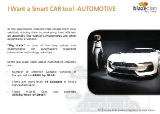 KINESIS REDSHIFT
EMR
DYNAMO DB
I Want a Smart CAR too! -AUTOMOTIVE
In the automotive industry that ranges from your
vehicle’s driving data to analyzing how efficient
an assembly line worker’s movements are when
assembling a vehicle.
“Big data” is one of the key points and
opportunities for automakers regarding
information technology solutions.
Some Big Data Facts about Automotive Industry
are:
• Number of Internet Capable Vehicles in
Europe will be 48Mil by 2016!
• There are more than 74 Sensors in Ford’s
Connected Cars!
• These Hybrid Cars can generate
25GBs/Hour of Data!!
A Jump Start Guide to Big Data on AWS Cloudl55
 
