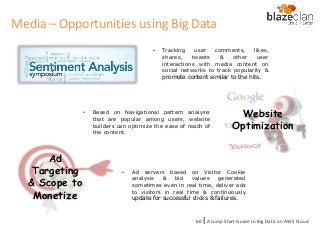 • Tracking user comments, likes,
shares, tweets & other user
interactions with media content on
social networks to track popularity &
promote content similar to the hits.
Website
Optimization
• Based on Navigational pattern analysis
that are popular among users, website
builders can optimize the ease of reach of
the content.
Ad
Targeting
& Scope to
Monetize
• Ad servers based on Visitor Cookie
analysis & bid values generated
sometimes even in real time, deliver ads
to visitors in real time & continuously
update for successful clicks & failures.
A Jump Start Guide to Big Data on AWS Cloudl60
Media – Opportunities using Big Data
 