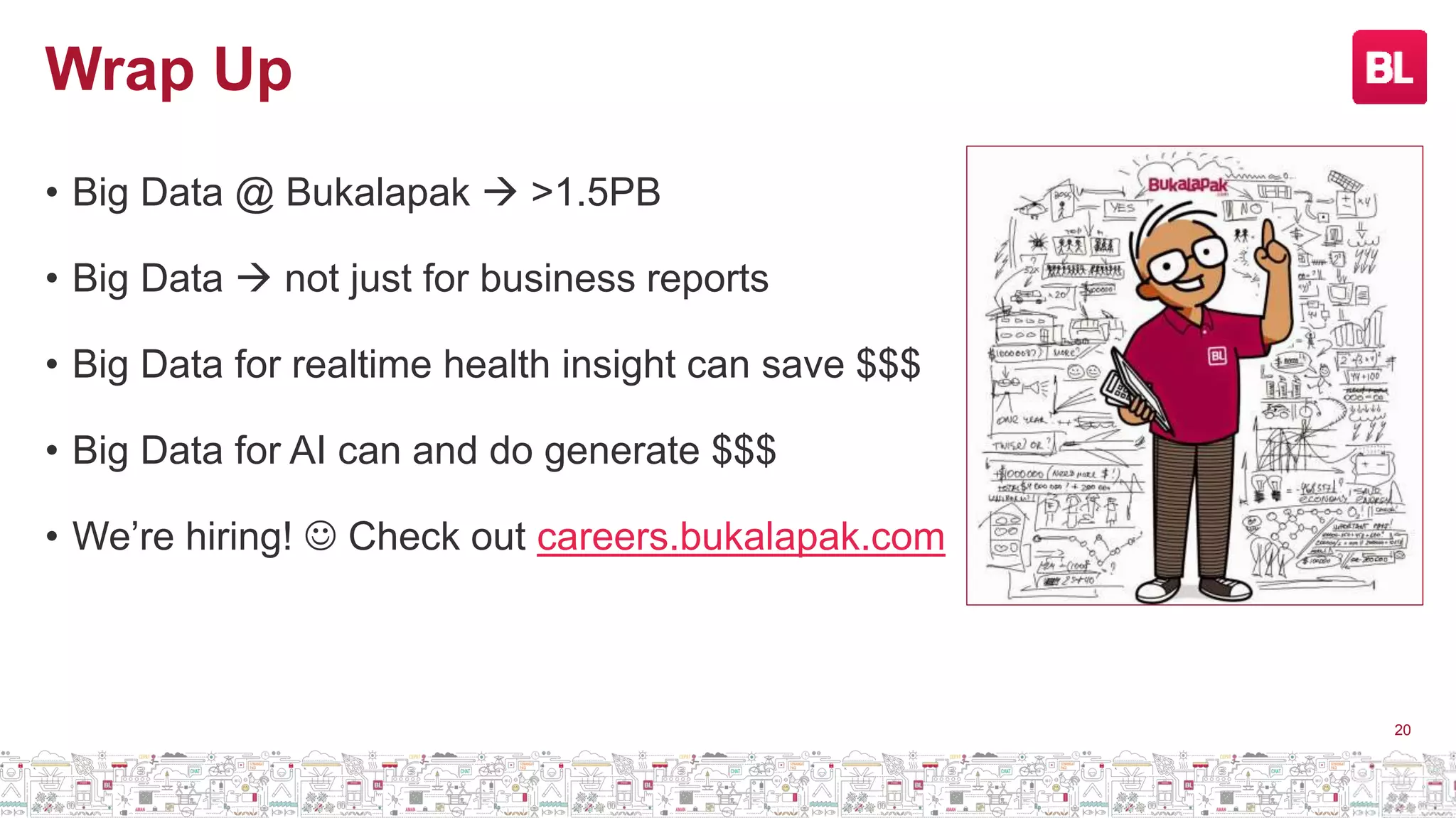 Wrap Up
20
• Big Data @ Bukalapak  >1.5PB
• Big Data  not just for business reports
• Big Data for realtime health insight can save $$$
• Big Data for AI can and do generate $$$
• We’re hiring!  Check out careers.bukalapak.com
 