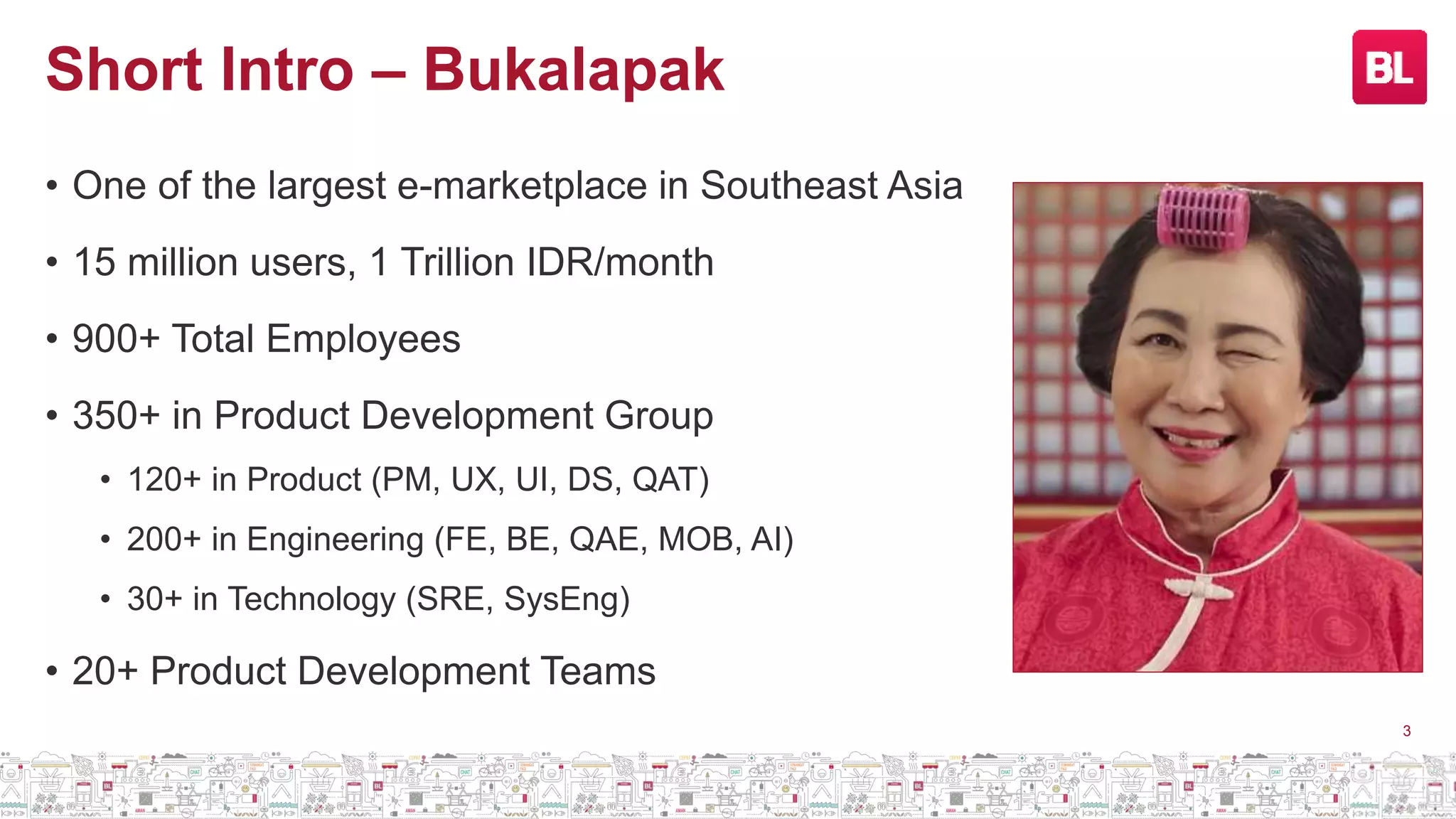 Short Intro – Bukalapak
3
• One of the largest e-marketplace in Southeast Asia
• 15 million users, 1 Trillion IDR/month
• 900+ Total Employees
• 350+ in Product Development Group
• 120+ in Product (PM, UX, UI, DS, QAT)
• 200+ in Engineering (FE, BE, QAE, MOB, AI)
• 30+ in Technology (SRE, SysEng)
• 20+ Product Development Teams
 