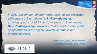 In 2011, the amount of information created and replicated
will surpass 1.8 zettabytes (1.8 trillion gigabytes) -
growing by a factor of 9 in just five years. […] and more
than doubling every two years. That's nearly as many bits
of information in the digital universe as stars in our
physical universe.

                                 John Gantz and David Reinsel
                                  Extracting Value from Chaos
 