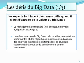 Les défis du Big Data (1/3)
Les experts font face à d’énormes défis quand il
s’agit d’extraire de la valeur du Big Data :
 Le management du Big Data ( ex. collecte, nettoyage,
agrégation, stockage ) ;
 L’analyse avancée du Big Data: cela requière des solutions
performantes et des algorithmes puissants afin d’assurer
des analyses avancées et en temps réel de plusieurs
sources hétérogènes et de données semi ou non
structurées ;
14
 