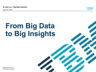 © 2014 IBM Corporation
From Big Data
to Big Insights
Dr. Alex Liu – Big Data Scientist
June 14, 2014
BDCamp-06-14-2014-1
 