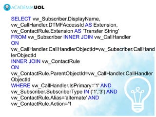 SELECT vw_Subscriber.DisplayName,
vw_CallHandler.DTMFAccessId AS Extension,
vw_ContactRule.Extension AS 'Transfer String'
FROM vw_Subscriber INNER JOIN vw_CallHandler
ON
vw_CallHandler.CallHandlerObjectId=vw_Subscriber.CallHand
lerObjectId
INNER JOIN vw_ContactRule
ON
vw_ContactRule.ParentObjectId=vw_CallHandler.CallHandler
ObjectId
WHERE vw_CallHandler.IsPrimary='1' AND
vw_Subscriber.SubscriberType IN ('1','3') AND
vw_ContactRule.Alias='alternate' AND
vw_ContactRule.Action='1
 