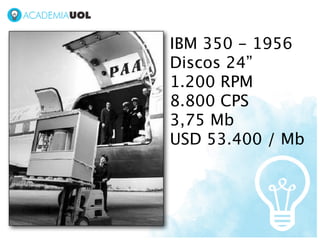 IBM 350 - 1956
Discos 24”
1.200 RPM
8.800 CPS
3,75 Mb
USD 53.400 / Mb
 