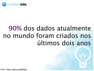 90% dos dados atualmente
  no mundo foram criados nos
           últimos dois anos


Fonte: http://ibm.co/WDPldm
 