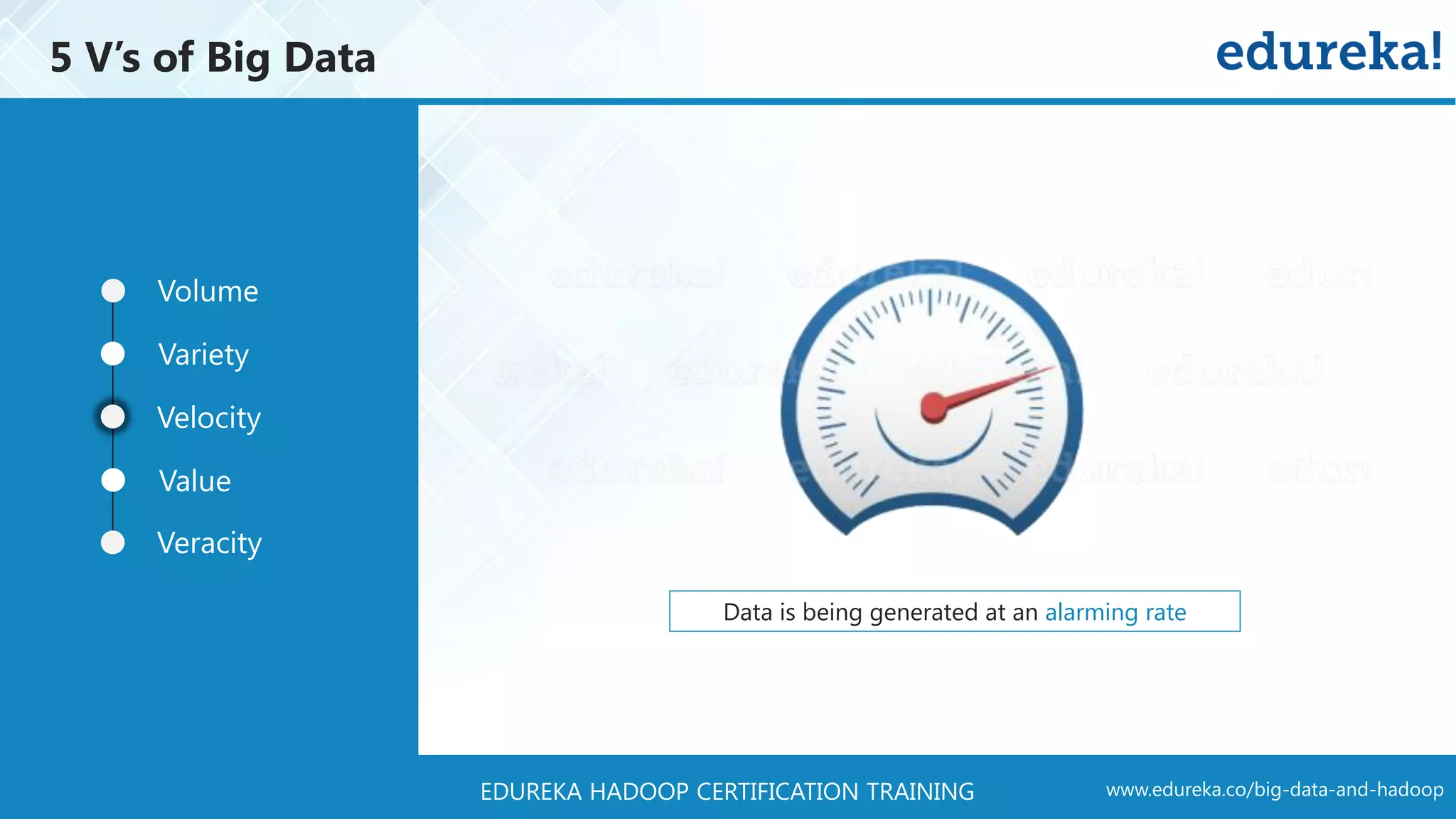 www.edureka.co/big-data-and-hadoopEDUREKA HADOOP CERTIFICATION TRAINING Volume Variety Velocity Value Veracity Data is being generated at an alarming rate 5 V’s of Big Data 