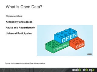 Characteristics:
Availability and access
Reuse and Redistribution
Universal Participation
What is Open Data?
Source: http://ceweb.br/publicacao/open-data-guideline/
 