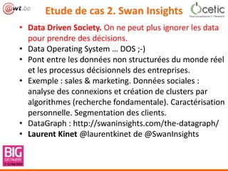 Etude de cas 2. Swan Insights
• Data Driven Society. On ne peut plus ignorer les data
pour prendre des décisions.
• Data Operating System … DOS ;-)
• Pont entre les données non structurées du monde réel
et les processus décisionnels des entreprises.
• Exemple : sales & marketing. Données sociales :
analyse des connexions et création de clusters par
algorithmes (recherche fondamentale). Caractérisation
personnelle. Segmentation des clients.
• DataGraph : http://swaninsights.com/the-datagraph/
• Laurent Kinet @laurentkinet de @SwanInsights
 