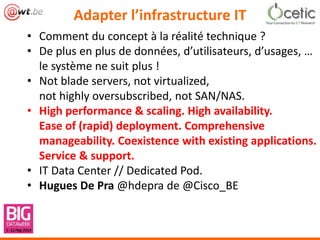 Adapter l’infrastructure IT
• Comment du concept à la réalité technique ?
• De plus en plus de données, d’utilisateurs, d’usages, …
le système ne suit plus !
• Not blade servers, not virtualized,
not highly oversubscribed, not SAN/NAS.
• High performance & scaling. High availability.
Ease of (rapid) deployment. Comprehensive
manageability. Coexistence with existing applications.
Service & support.
• IT Data Center // Dedicated Pod.
• Hugues De Pra @hdepra de @Cisco_BE
 
