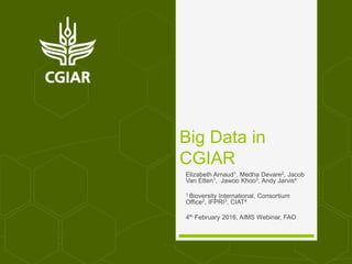 Big Data in
CGIAR
Elizabeth Arnaud1, Medha Devare2, Jacob
Van Etten1, Jawoo Khoo3, Andy Jarvis4
1 Bioversity International, Consortium
Office2, IFPRI3, CIAT4
4th February 2016, AIMS Webinar, FAO
 