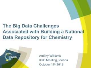 The Big Data Challenges
Associated with Building a National
Data Repository for Chemistry

Antony Williams
ICIC Meeting, Vienna
October 14th 2013

 