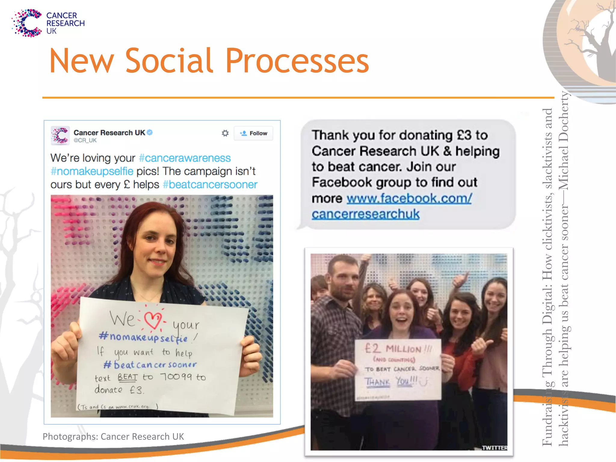 New Social Processes
FundraisingThroughDigital:Howclicktivists,slacktivistsand
hacktivistsarehelpingusbeatcancersooner—MichaelDocherty
Photographs:	
  Cancer	
  Research	
  UK	
  
 