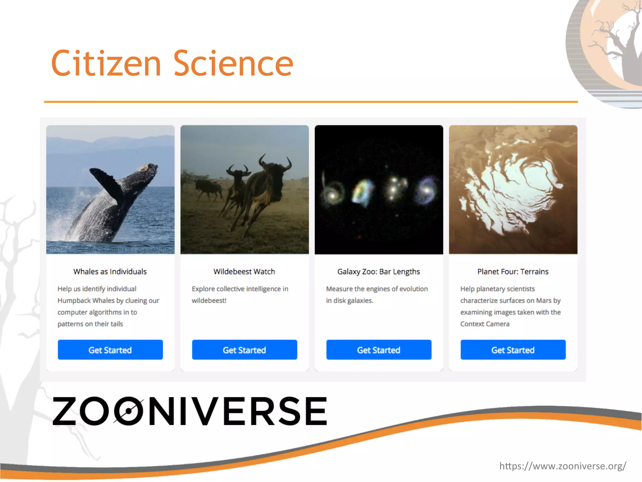 Citizen Science
hGps://www.zooniverse.org/	
  
 