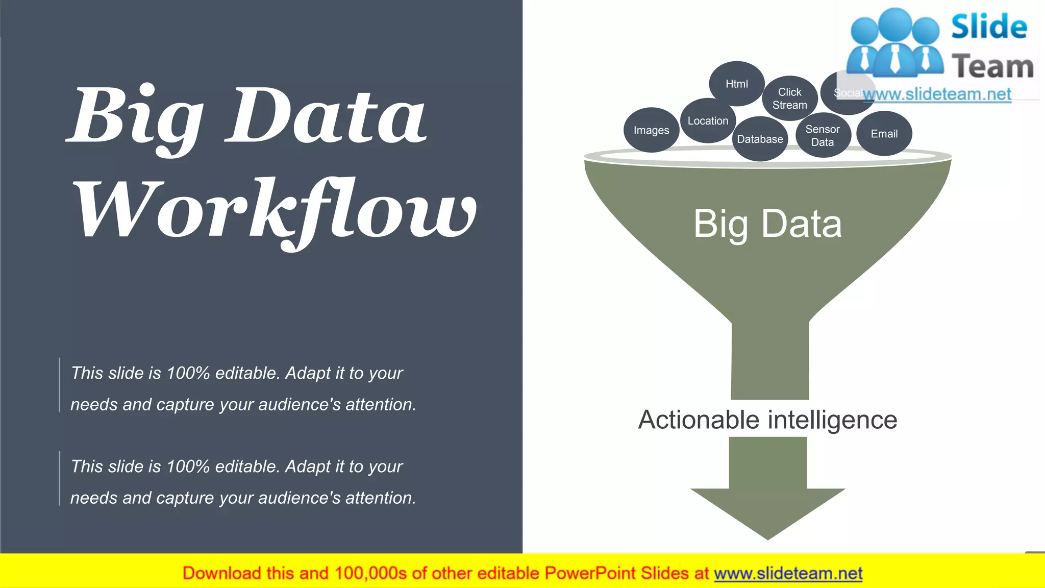Big Data
Workflow
This slide is 100% editable. Adapt it to your
needs and capture your audience's attention.
This slide is 100% editable. Adapt it to your
needs and capture your audience's attention.
Actionable intelligence
Big Data
Email
Click
Stream
Html
Social
Location
Database
Sensor
Data
Images
14
 