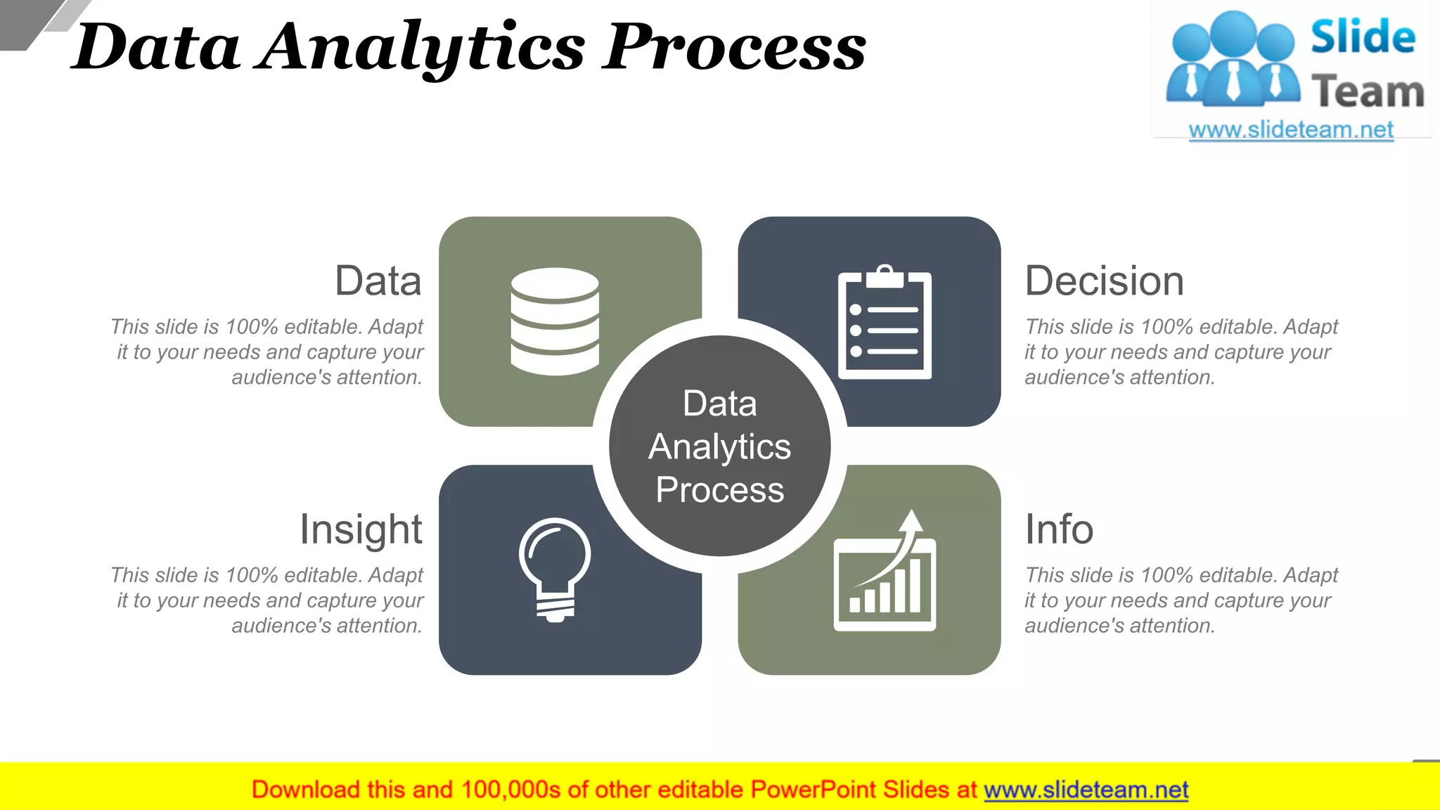 Data Analytics Process
Data
Analytics
Process
Data
This slide is 100% editable. Adapt
it to your needs and capture your
audience's attention.
Insight
This slide is 100% editable. Adapt
it to your needs and capture your
audience's attention.
Decision
This slide is 100% editable. Adapt
it to your needs and capture your
audience's attention.
Info
This slide is 100% editable. Adapt
it to your needs and capture your
audience's attention.
17
 