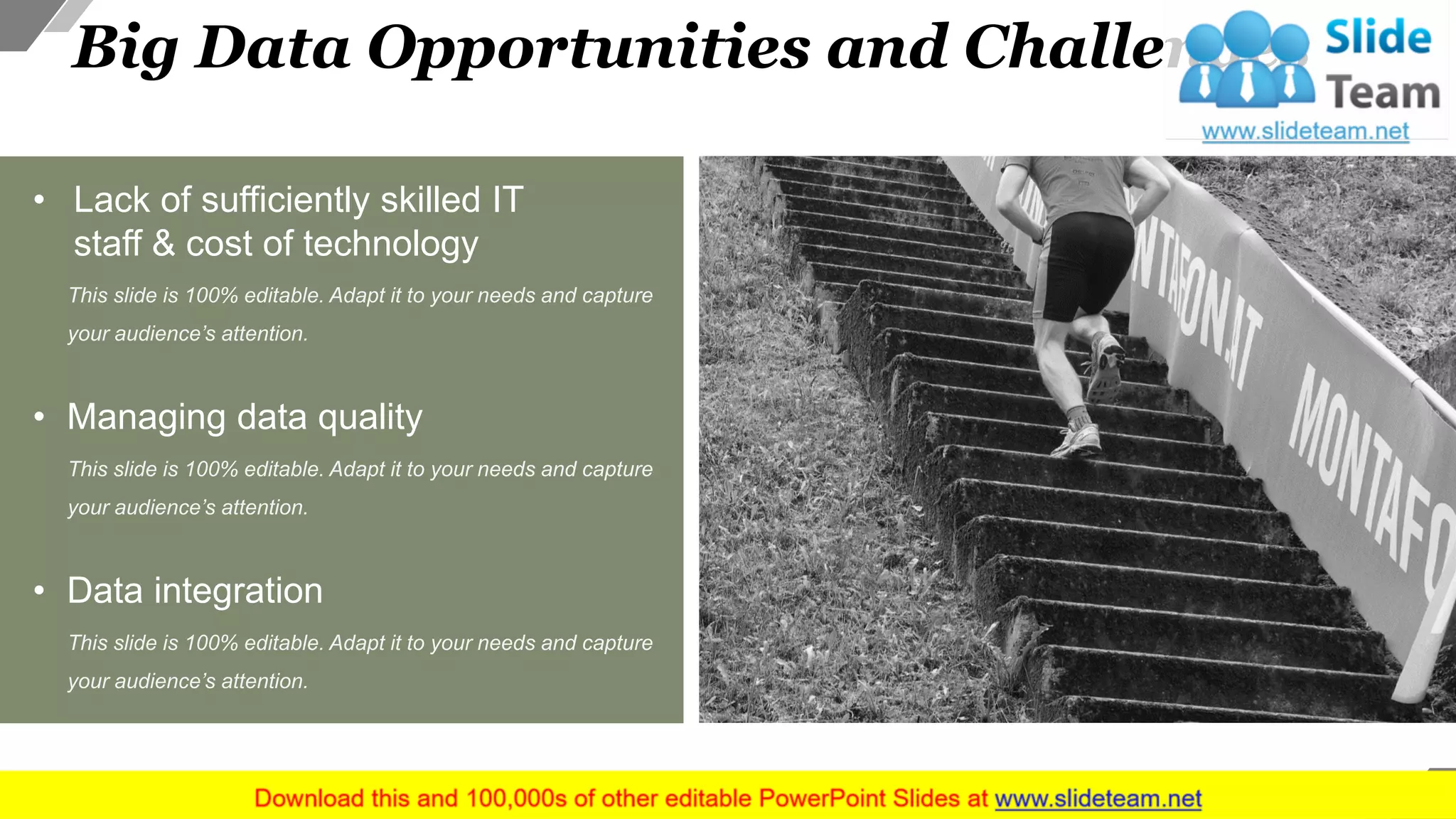 Big Data Opportunities and Challenges
23
• Lack of sufficiently skilled IT
staff & cost of technology
This slide is 100% editable. Adapt it to your needs and capture
your audience’s attention.
• Managing data quality
This slide is 100% editable. Adapt it to your needs and capture
your audience’s attention.
• Data integration
This slide is 100% editable. Adapt it to your needs and capture
your audience’s attention.
 