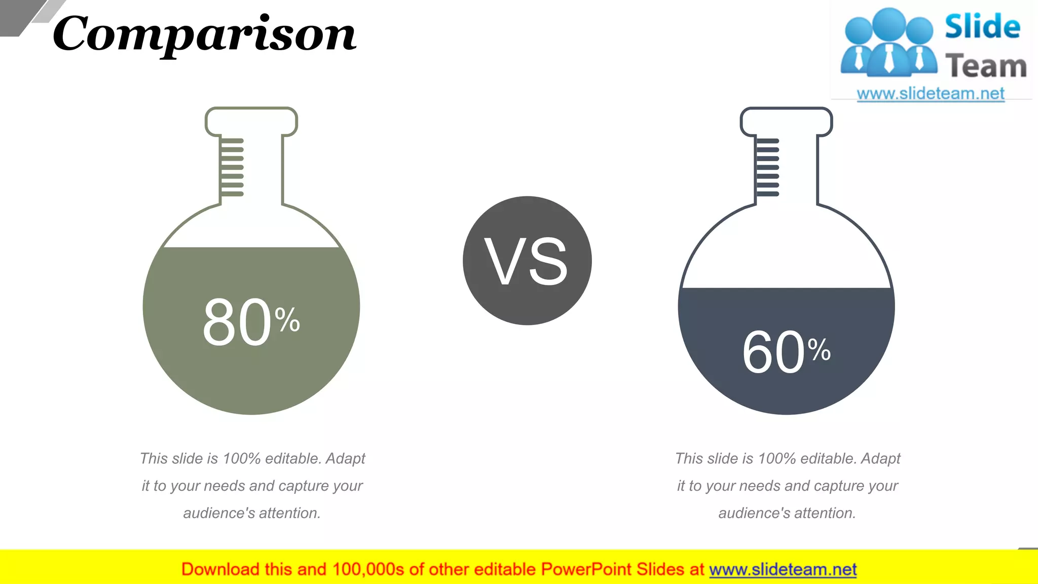Comparison
This slide is 100% editable. Adapt
it to your needs and capture your
audience's attention.
80%
This slide is 100% editable. Adapt
it to your needs and capture your
audience's attention.
60%
VS
30
 