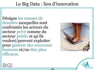Désigne les masses de
données auxquelles sont
confrontés les acteurs du
secteur privé comme du
secteur public et qu’ils
veulent/peuvent exploiter
pour générer des nouveaux
business et/ou être plus
efficaces.
Le Big Data : lieu d’innovation
 