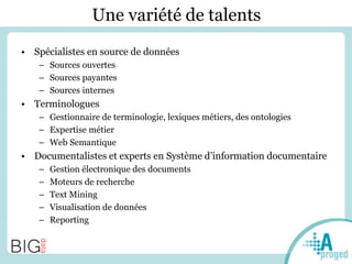 Une variété de talents
• Spécialistes en source de données
– Sources ouvertes
– Sources payantes
– Sources internes
• Terminologues
– Gestionnaire de terminologie, lexiques métiers, des ontologies
– Expertise métier
– Web Semantique
• Documentalistes et experts en Système d’information documentaire
– Gestion électronique des documents
– Moteurs de recherche
– Text Mining
– Visualisation de données
– Reporting
 