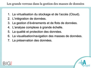 Les grands verrous dans la gestion des masses de données
1. La virtualisation du stockage et de l’accès (Cloud).
2. L’intégration de données.
3. La gestion d’événements et de flots de données.
4. L’analyse complexe à grande échelle.
5. La qualité et protection des données.
6. La visualisation/navigation des masses de données.
7. La préservation des données.
 