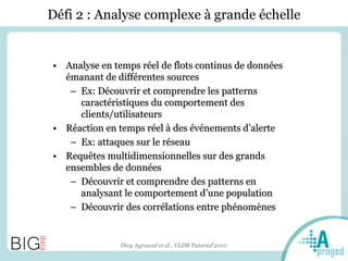 Défi 2 : Analyse complexe à grande échelle
• Analyse en temps réel de flots continus de données
émanant de différentes sources
– Ex: Découvrir et comprendre les patterns
caractéristiques du comportement des
clients/utilisateurs
• Réaction en temps réel à des événements d’alerte
– Ex: attaques sur le réseau
• Requêtes multidimensionnelles sur des grands
ensembles de données
– Découvrir et comprendre des patterns en
analysant le comportement d’une population
– Découvrir des corrélations entre phénomènes
Divy Agrawal et al , VLDB Tutorial’2010
 