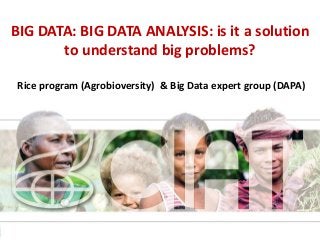 BIG DATA: BIG DATA ANALYSIS: is it a solution
to understand big problems?
Rice program (Agrobioversity) & Big Data expert group (DAPA)
 