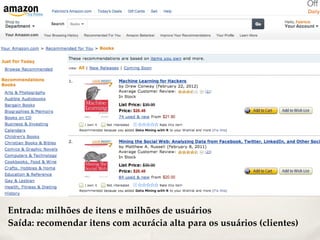 Entrada: milhões de itens e milhões de usuários!
Saída: recomendar itens com acurácia alta para os usuários (clientes)
 