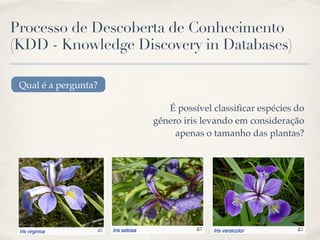 Processo de Descoberta de Conhecimento
(KDD - Knowledge Discovery in Databases)
Qual é a pergunta?
É possível classiﬁcar espécies do
gênero iris levando em consideração
apenas o tamanho das plantas?
 