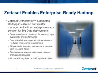 Zettaset Enables Enterprise-Ready Hadoop
• Zettaset Orchestrator™ automates
  Hadoop installation and cluster
  management with an enterprise-ready
  solution for Big Data deployments
 – Enterprise-class – Hardened for security, high
   availability, and performance
 – Dramatically lowers operational expenses –
   Reduces IT resource requirements
 – Simple to deploy – Accelerates time to value
   from weeks to hours
 – Eliminates unnecessary dependencies on
   professional services
 – Works with any Apache Hadoop distribution



         3                  © 2012 Zettaset, Inc. | Proprietary and Confidential
 