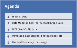 Agenda

 1   Types of Data

 2   Data Model and API for Facebook Graph Data

 3   SLTP (Semi-OLTP) data

 4   Immutable data store for photos, videos, etc

 5   Hadoop/Hive analytics storage
 