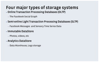 Four major types of storage systems
▪  Online   Transaction Processing Databases (OLTP)
 ▪    The Facebook Social Graph

▪  Semi-online    Light Transaction Processing Databases (SLTP)
 ▪    Facebook Messages and Sensory Time Series Data

▪  Immutable     DataStore
 ▪    Photos, videos, etc

▪  Analytics   DataStore
 ▪    Data Warehouse, Logs storage
 