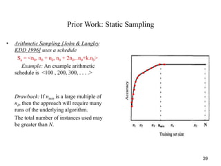 39
Prior Work: Static Sampling
• Arithmetic Sampling [John & Langley
KDD 1996] uses a schedule
Sa = <n0, n0 + nδ, n0 + 2nδ,..n0+k.nδ>
Example: An example arithmetic
schedule is <100 , 200, 300, . . . .>
Drawback: If nmin is a large multiple of
nδ, then the approach will require many
runs of the underlying algorithm.
The total number of instances used may
be greater than N.
 