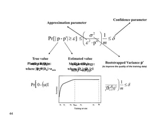 44



 







m
1
p'
]|p'-p|Pr[ 22
2
True value
u(Da)-u(Db);
where |Da|>|Db|>nmin
Estimated value
u(Da)-u(Db);
where |Da|>|Db|≥1
Plateau Region:
p=0
Myopic Strategy:
u(Di) - u(Di-1)
   


 







m
BOOT 1
))u(D-)u(D(
)u(D-)u(D-0Pr 2
1-ii
2
2
1-ii

 1
))u(D-)u(D( 2
1-ii
2
2







 BOOT
m 








 m
BOOT 1
))u(D-)u(D( 2
1-ii
2
2
Approximation parameter
Confidence parameter
Bootstrapped Variance p’
(to improve the quality of the training data)
 