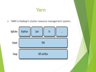 Yarn
 YARN is Hadoop’s cluster resource management system.
 