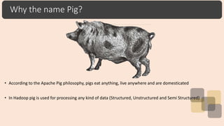Why the name Pig?
• According to the Apache Pig philosophy, pigs eat anything, live anywhere and are domesticated
• In Hadoop pig is used for processing any kind of data (Structured, Unstructured and Semi Structured)
 